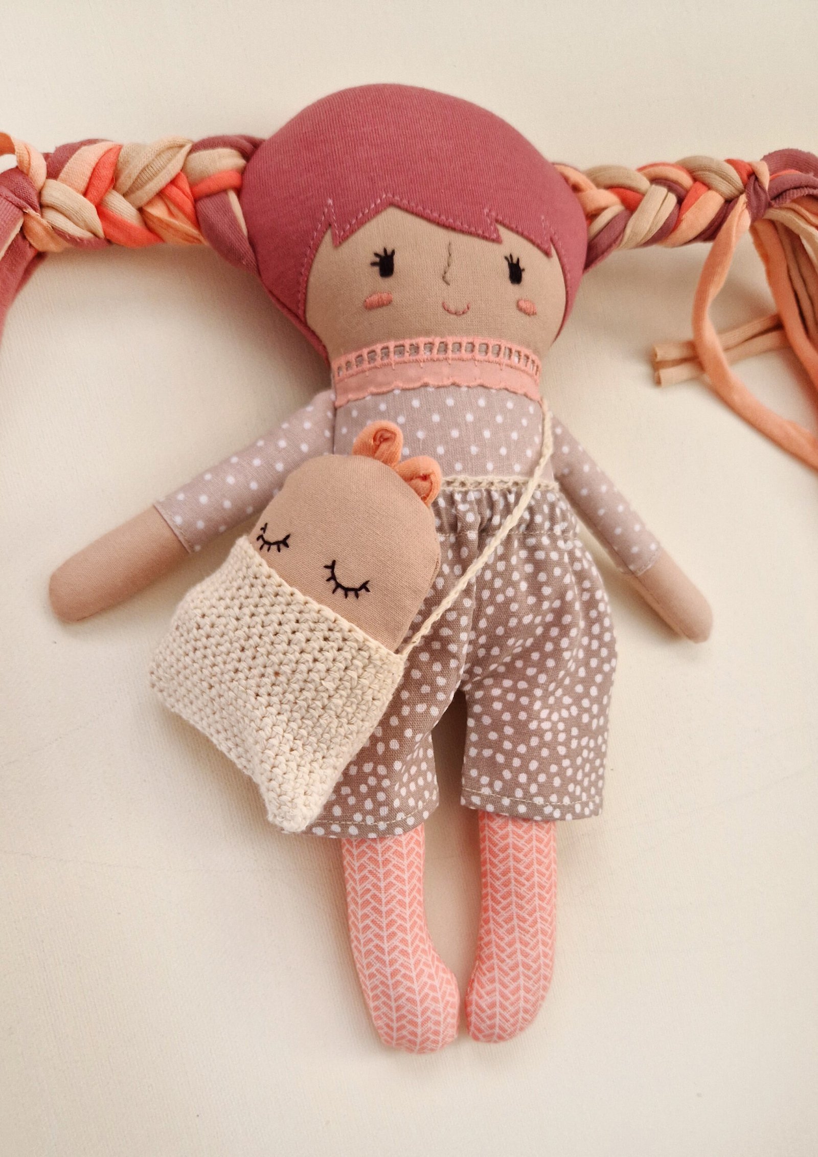 Fabric doll bed with a mattress, pillow and soft blanket