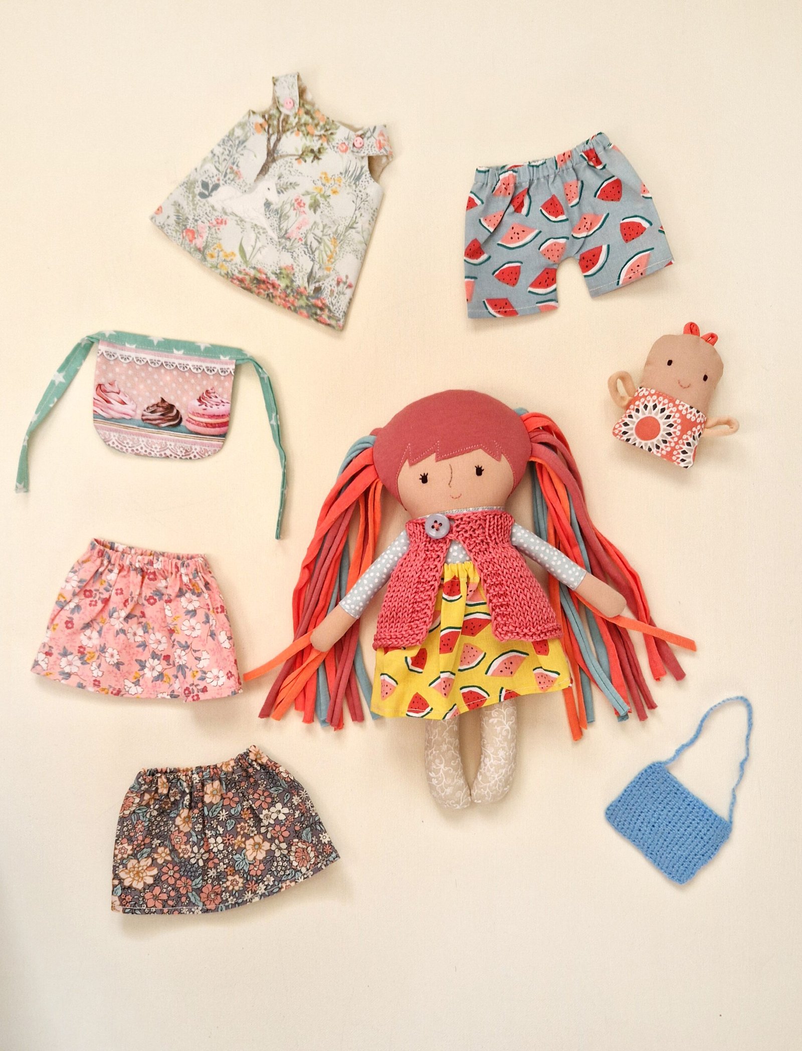 Fabric doll play set including a bed and soft bedding