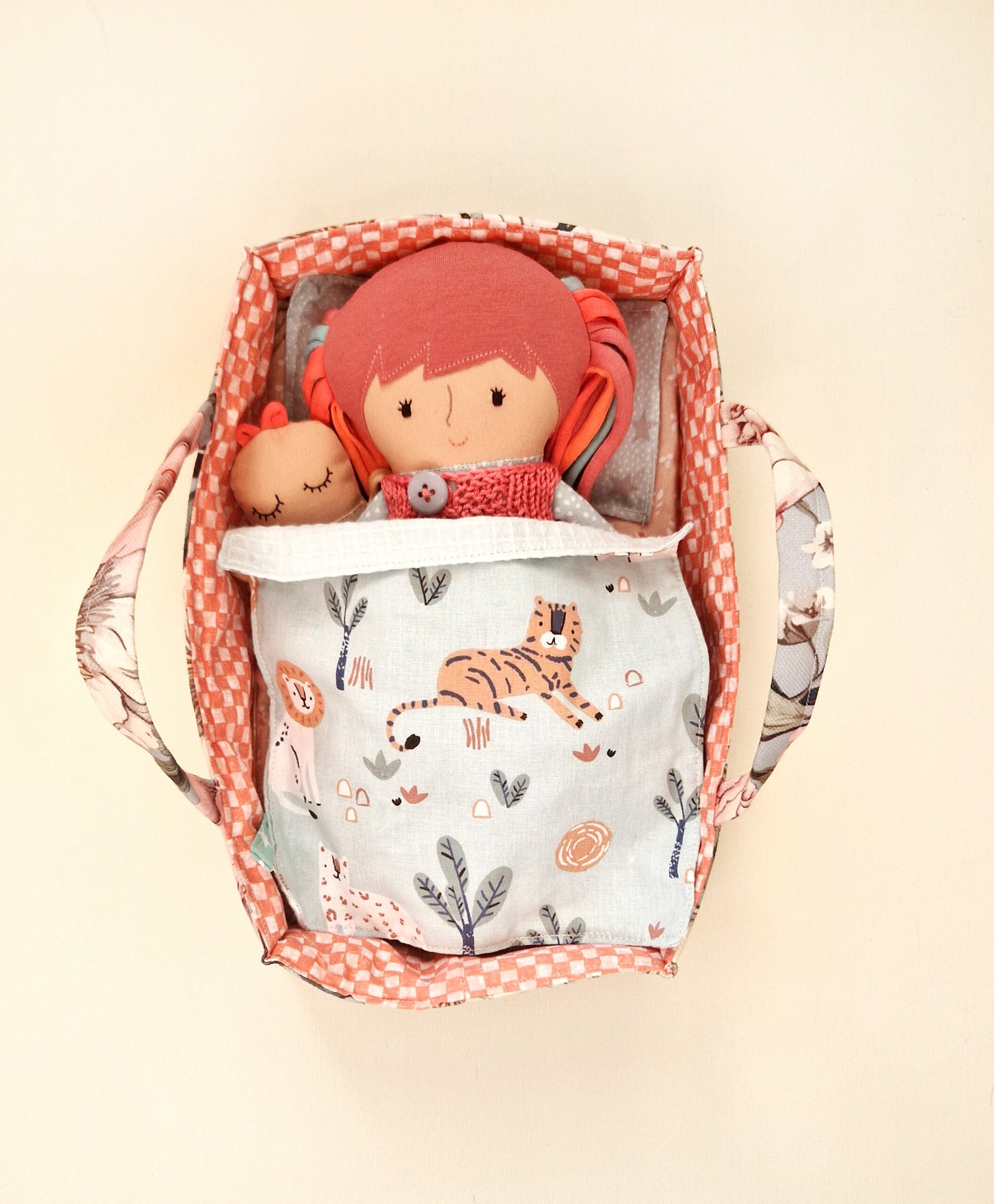 Fabric doll play set including a bed and soft bedding