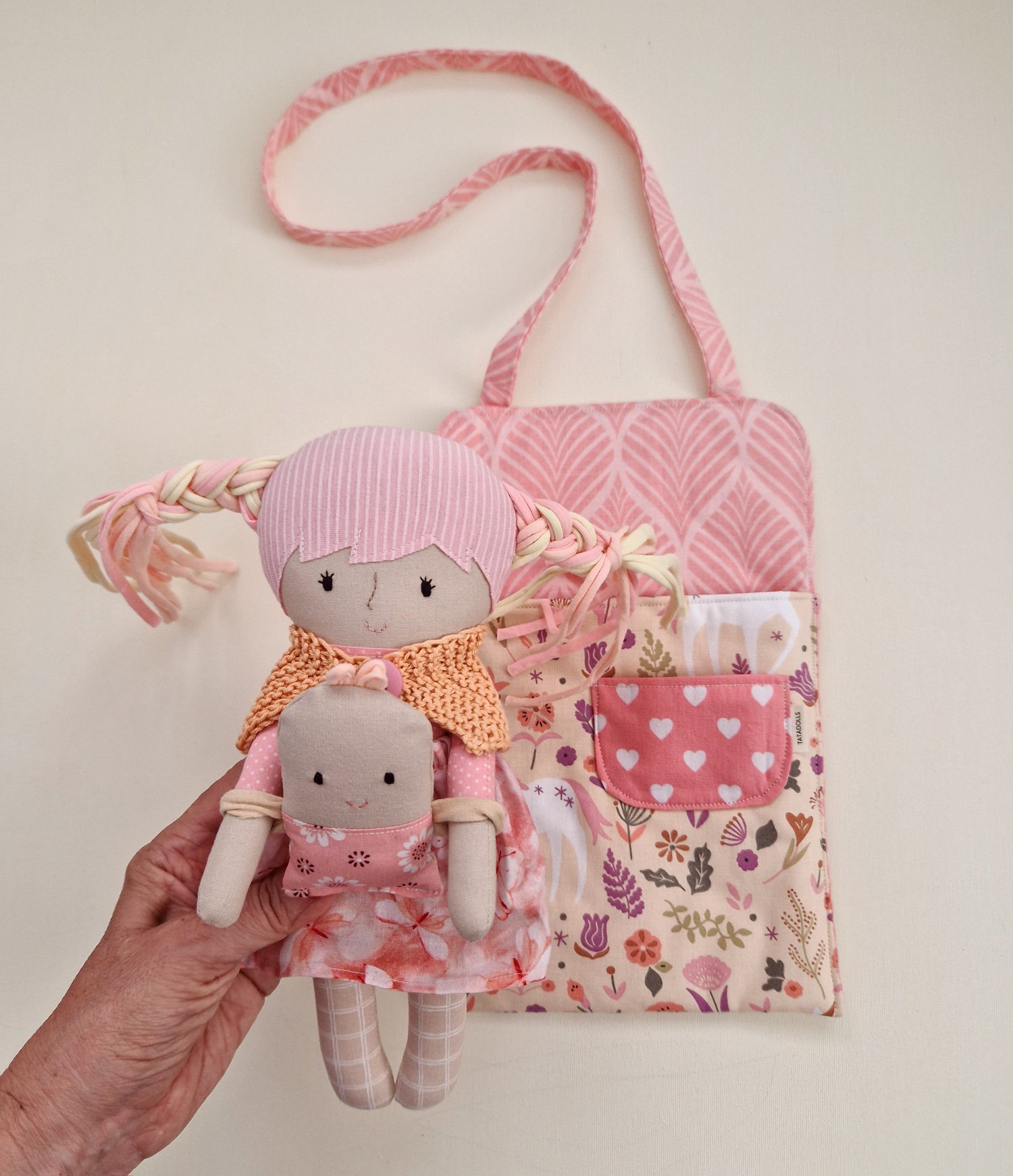 Portable doll set with a handmade bag, clothes and accessories