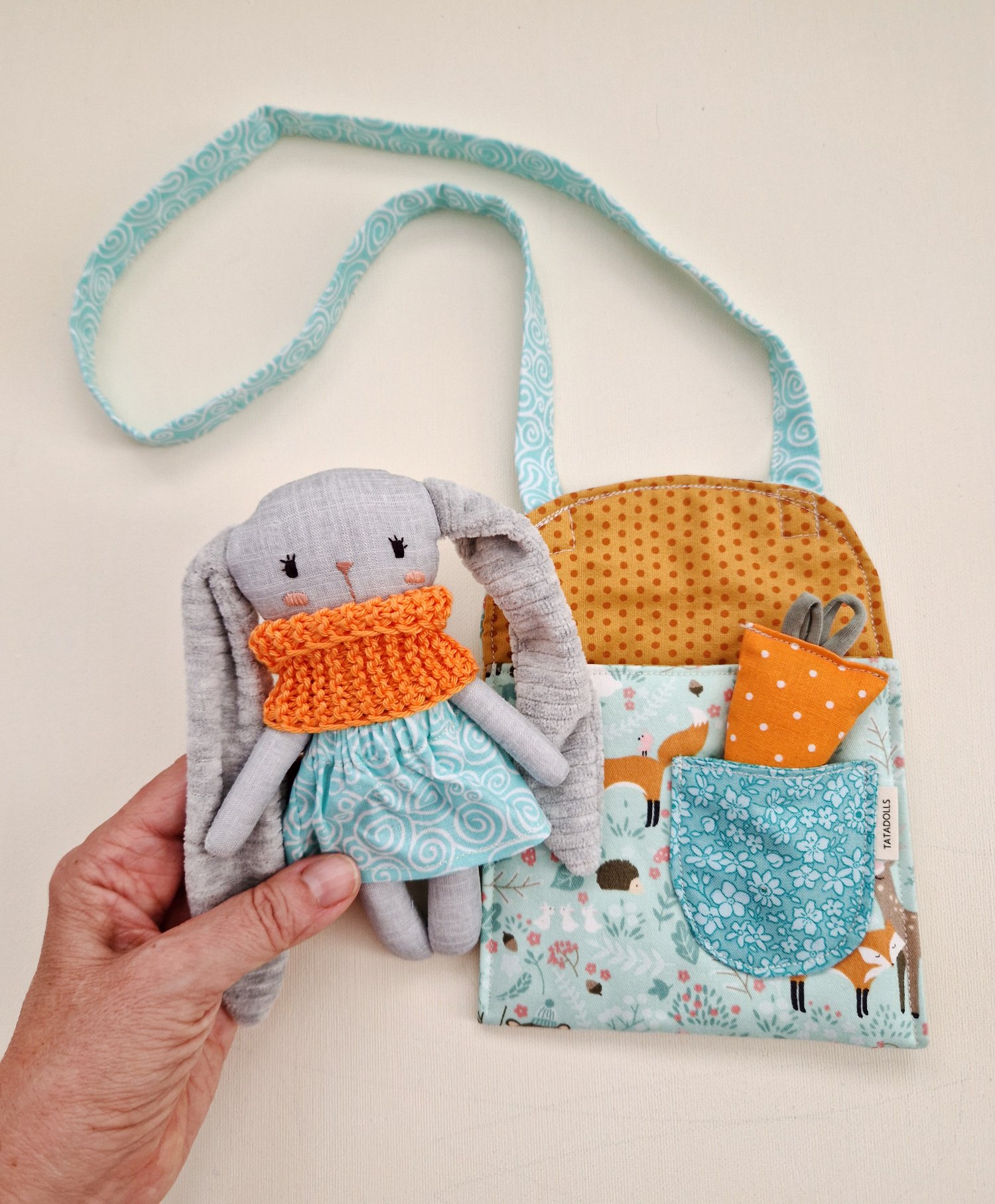 Handmade mini bag with a cute rabbit and carrot