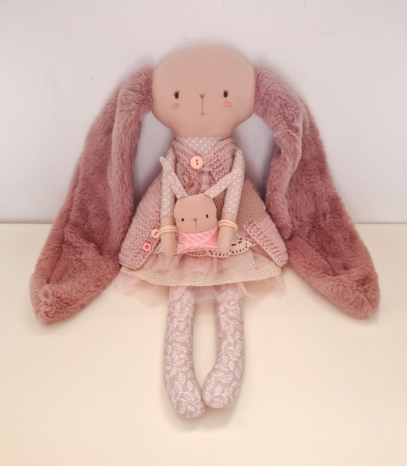 Handmade boho mother bunny doll with baby and hanging swing