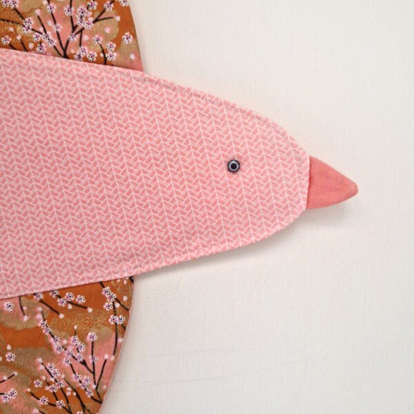 Handmade Japanese style bird wall hanging with pink and orange cherry blossom fabrics