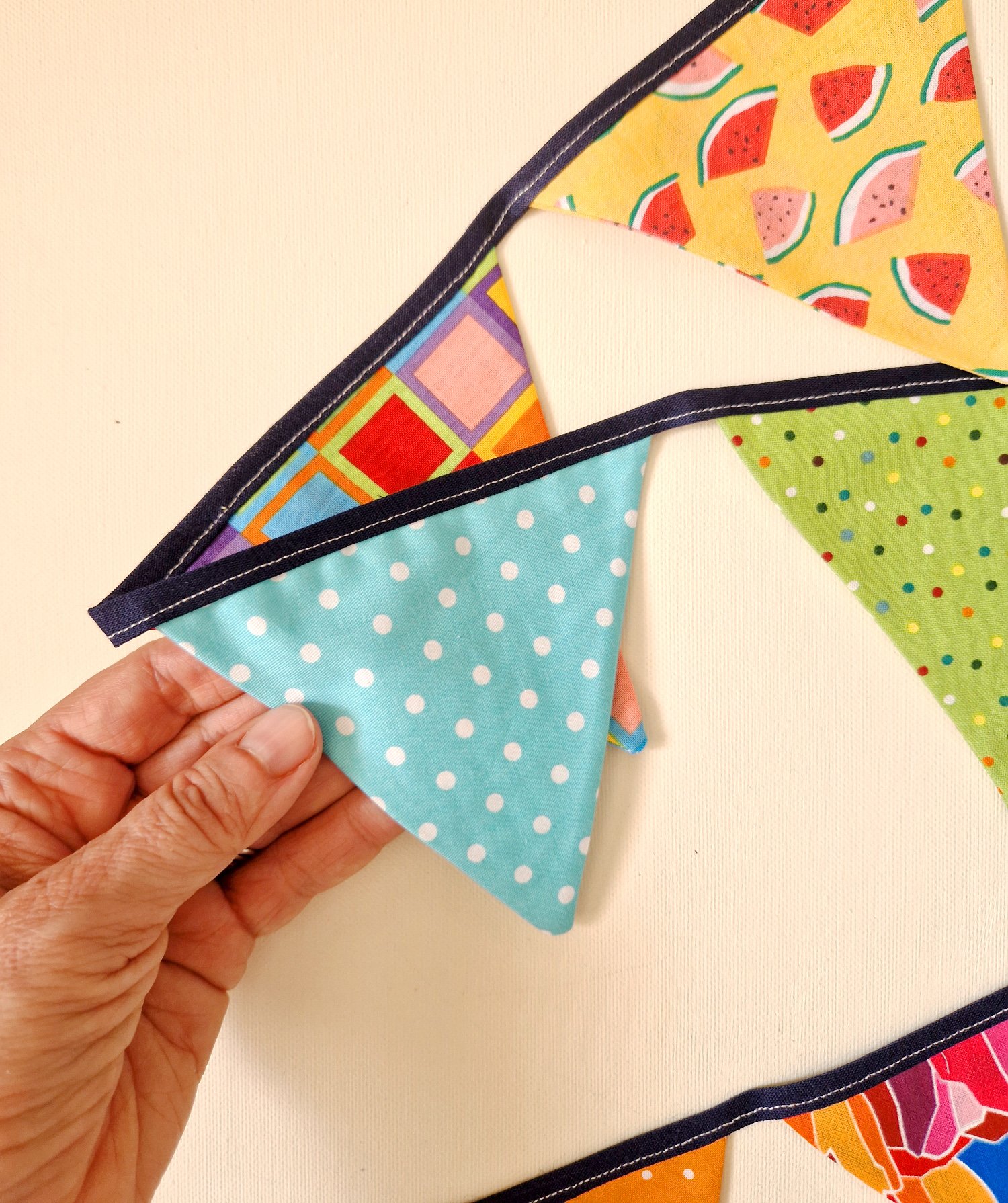 Colorful handmade cotton bunting flags, two meters long