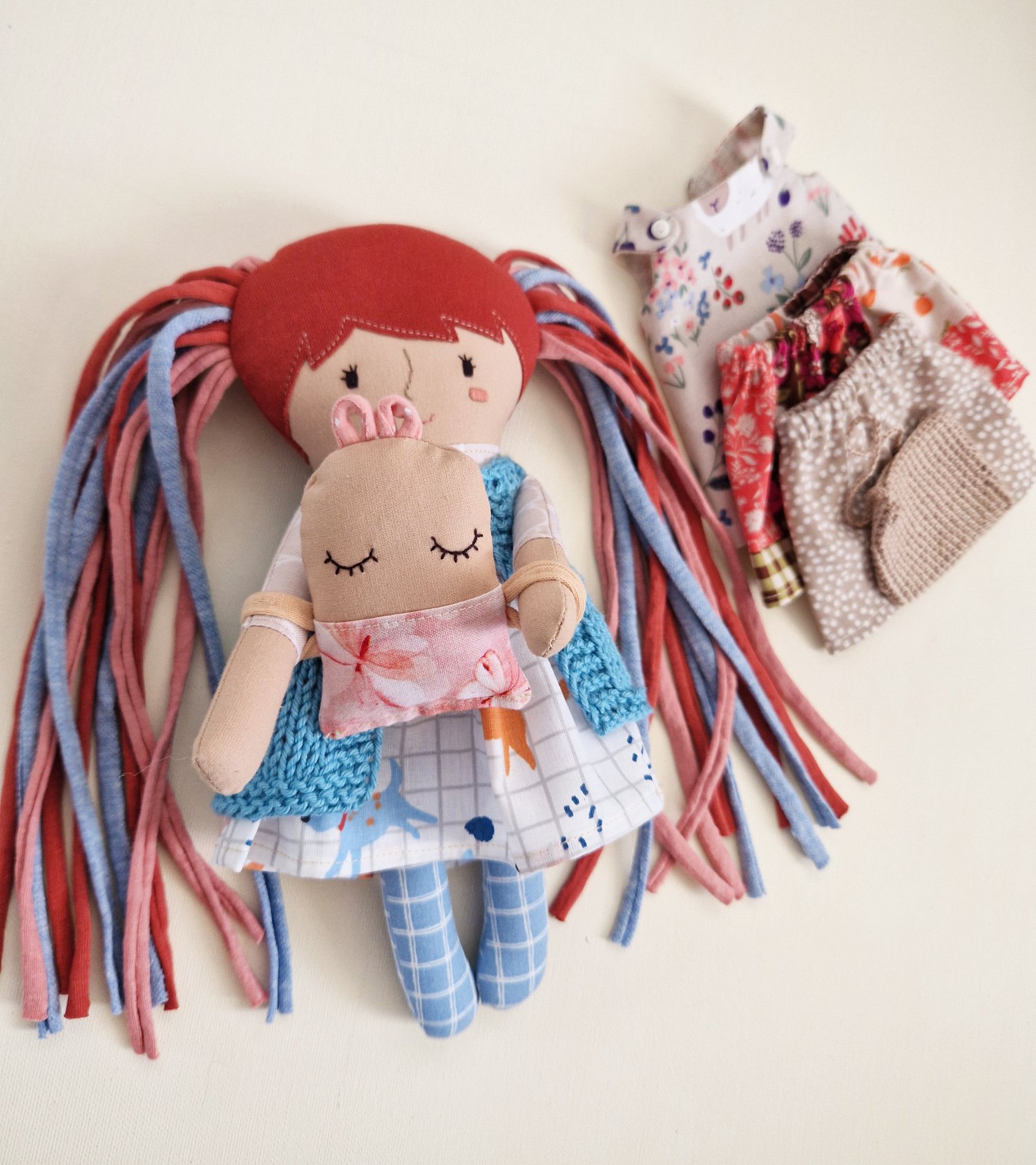 Handmade textile play doll with removable clothes and accessories set