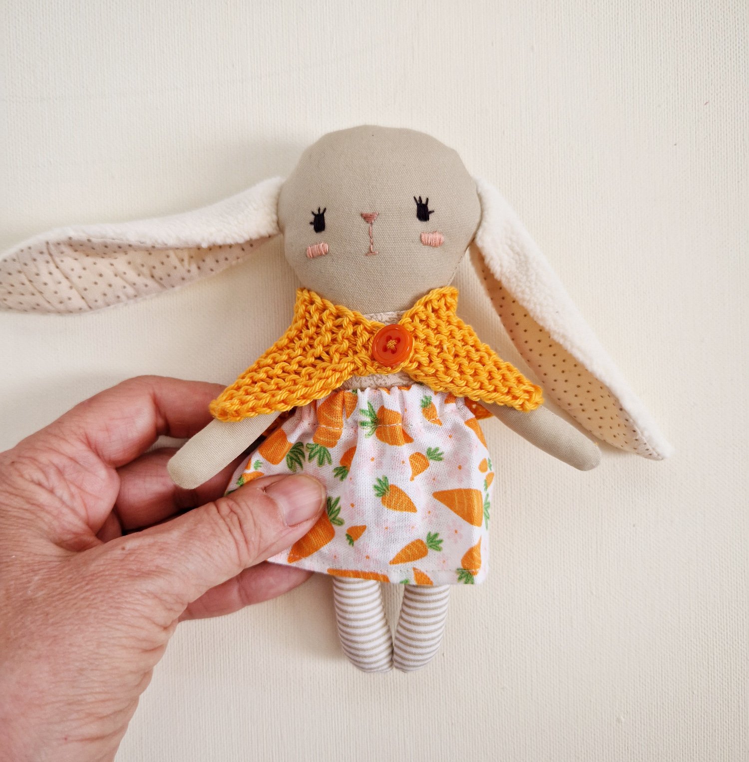 Handmade textile bunny doll with fabric pocket house play set