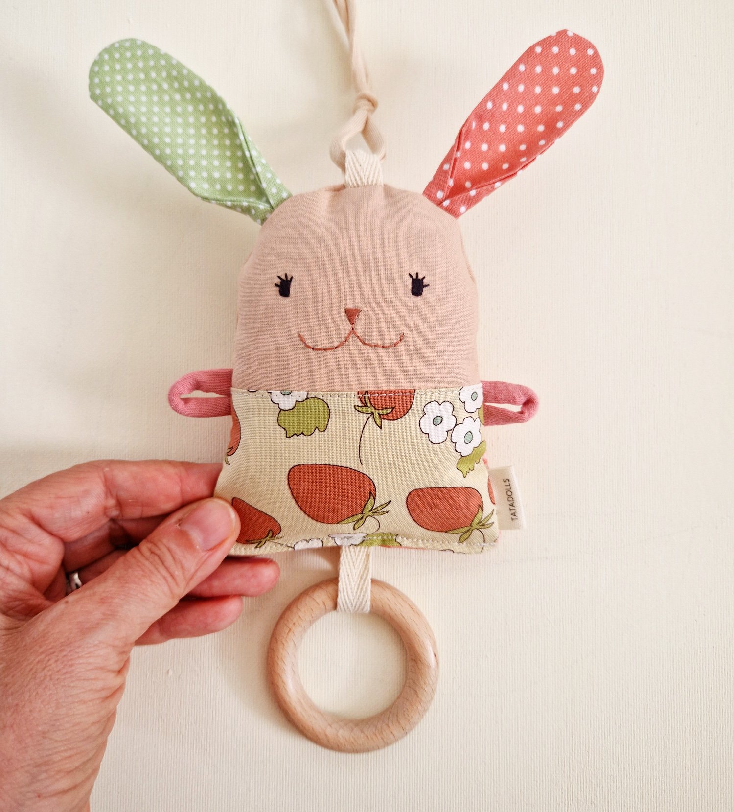 Double sided fabric bunny stroller mobile with wooden teething ring