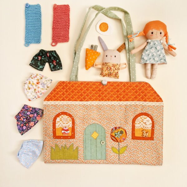Handmade fabric doll house bag with doll, clothes and accessories