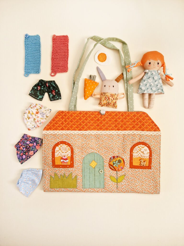 Handmade fabric doll house bag with doll, clothes and accessories