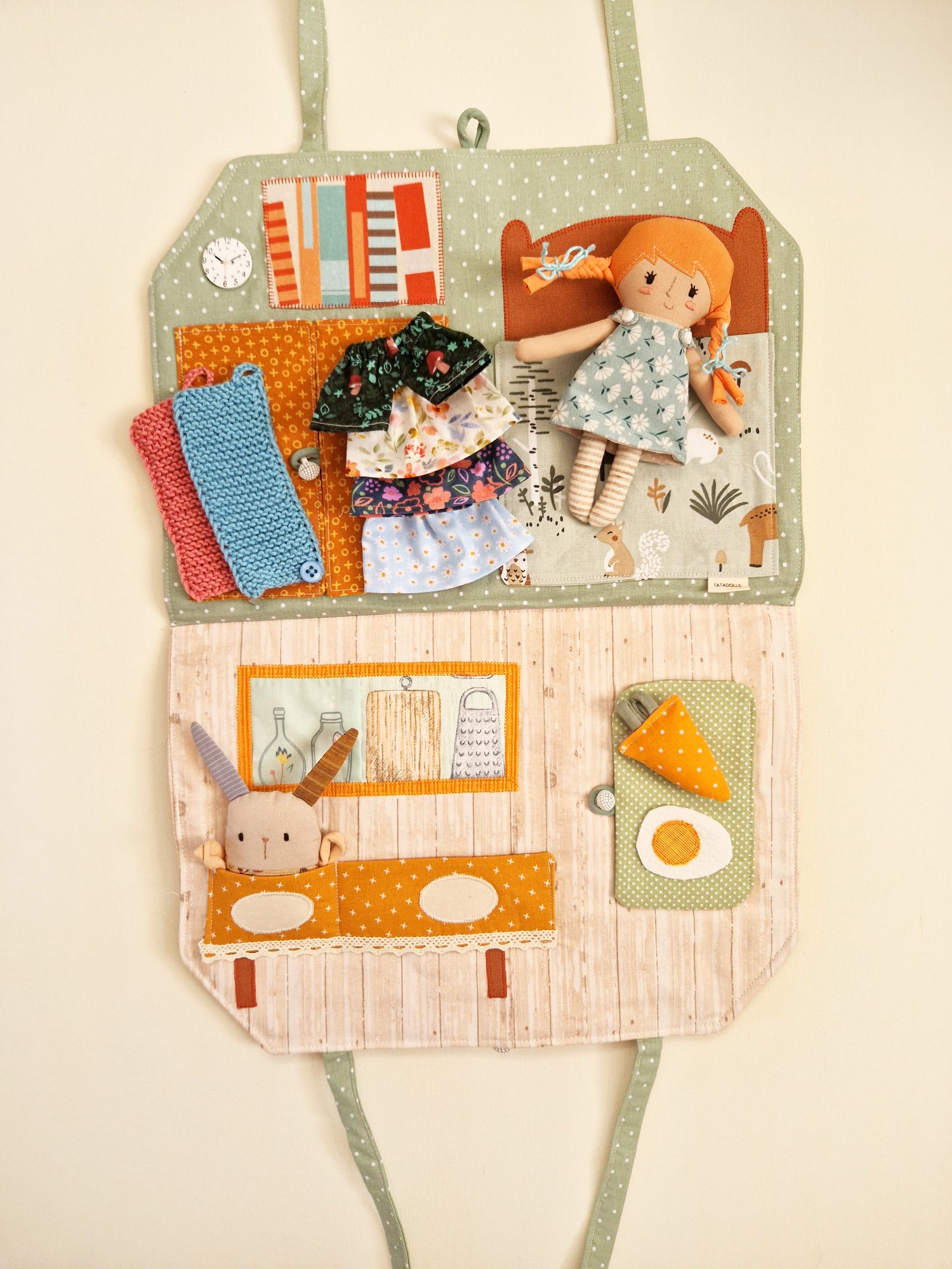 Textile doll house play set with handmade doll and removable clothes