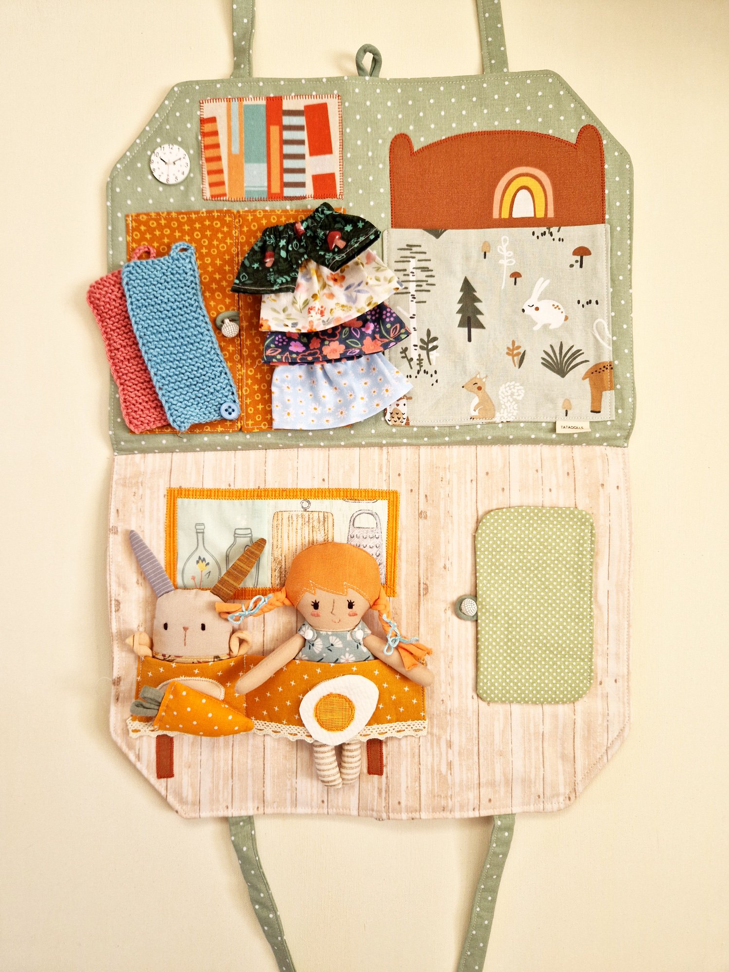 Handmade portable doll house with red-haired fabric doll and toy accessories