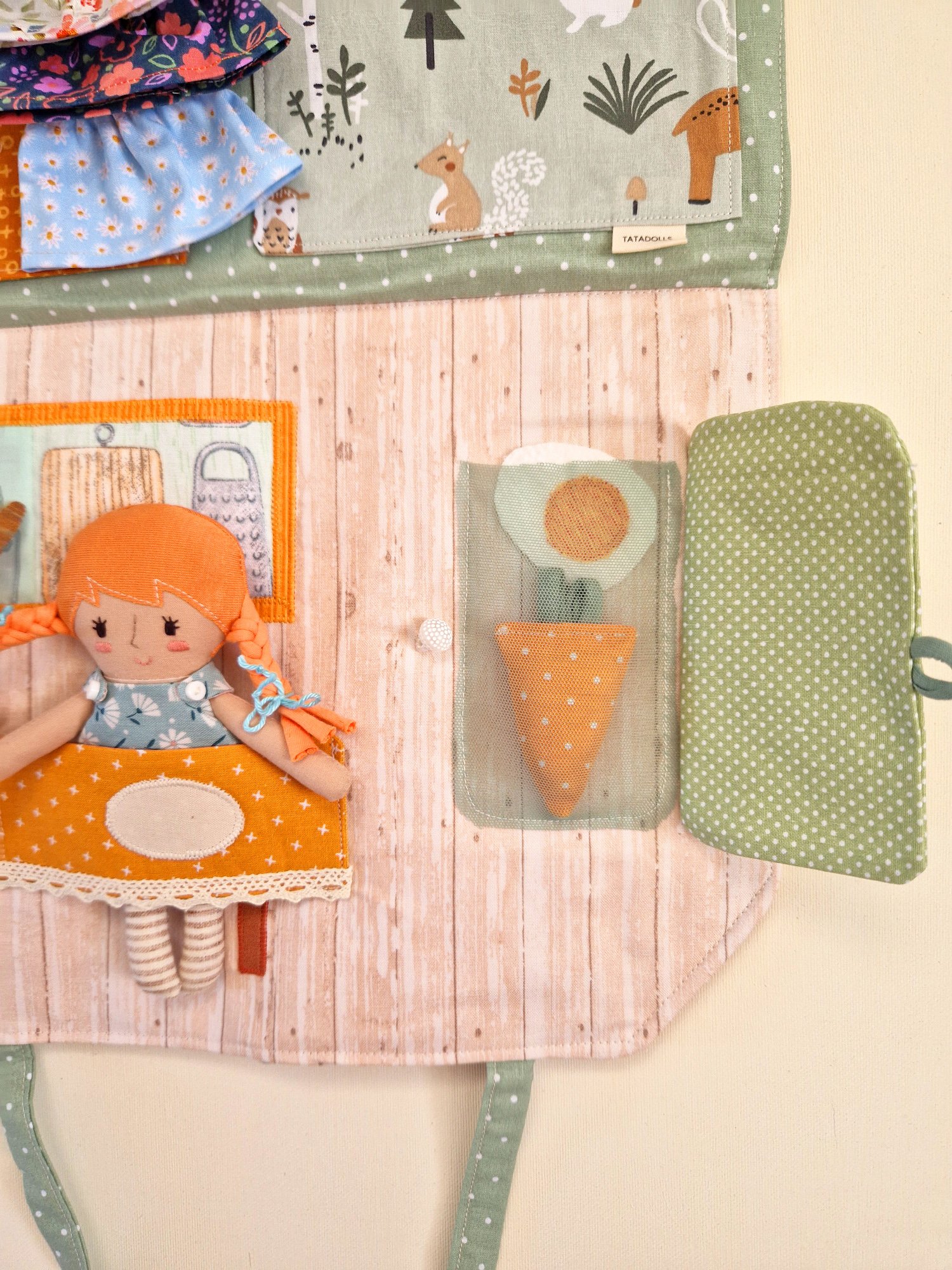 Fabric dollhouse bag for imaginative play with doll wardrobe and miniature furniture